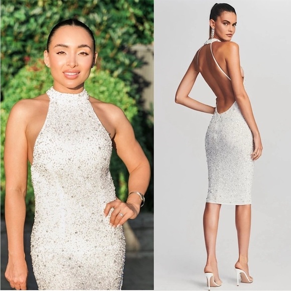 RETROFETE Hand Stitched Crystal & Sequin Sleeveless Halter Open Back Dress S - Picture 5 of 14